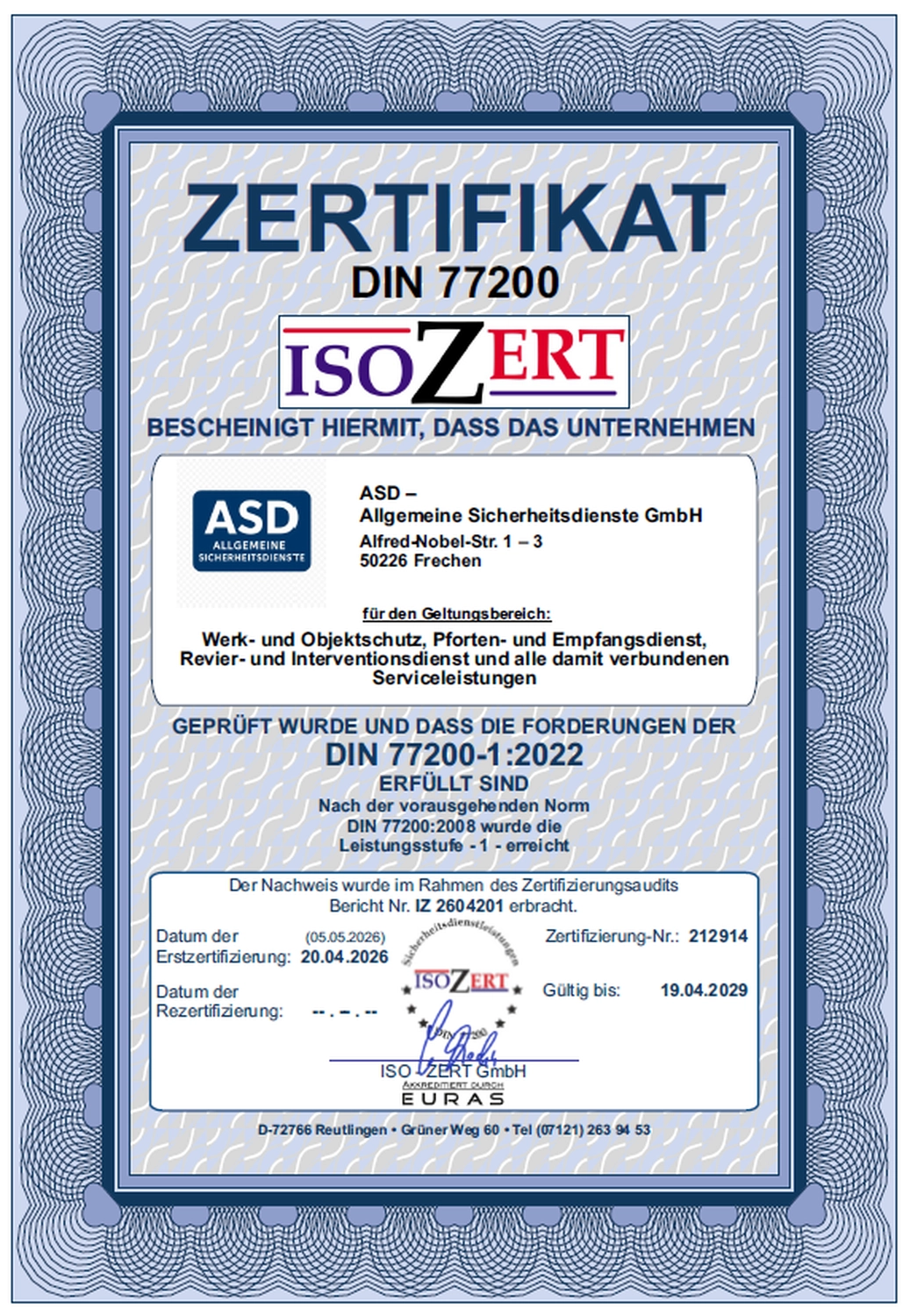 ASD – Allgemeine Sicherheitsdienste GmbH i.G. – Zertifikat