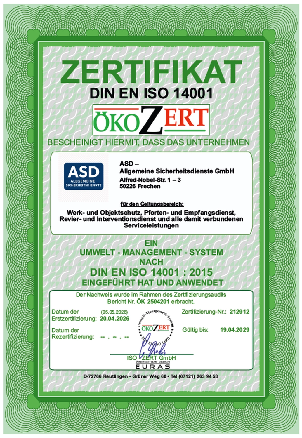 ASD – Allgemeine Sicherheitsdienste GmbH i.G. – Zertifikat