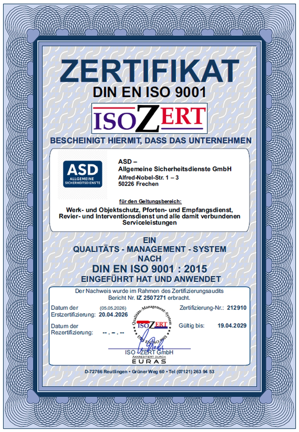 ASD – Allgemeine Sicherheitsdienste GmbH i.G. – Zertifikat