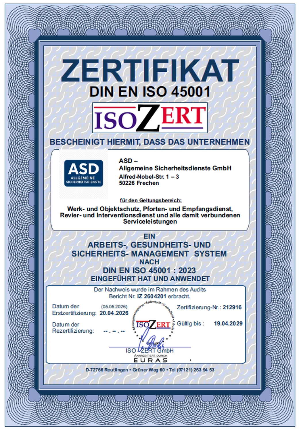 ASD – Allgemeine Sicherheitsdienste GmbH i.G. – Zertifikat